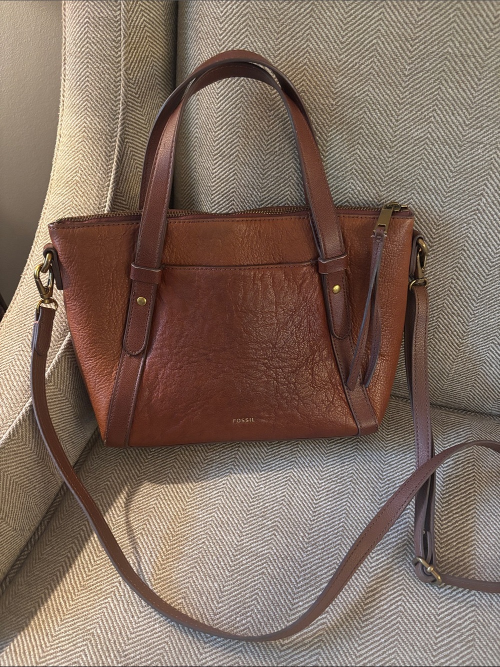 Fossil Brown Leather Satchel with Top Handles and Crossbody Strap